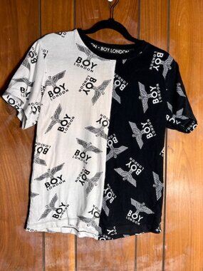Boy London Split Design T-Shirt Black/White Short Sleeve Youth Size Large - GUC